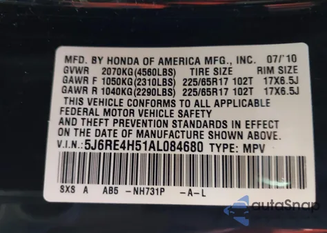 2010 Honda Cr-V Ex из США, поврежденный, VIN 5J6RE4H51AL084680